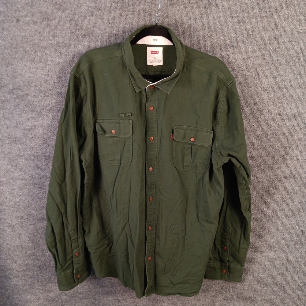 Levi's Mens XXL Long Sleeve Stretch Button Up Shirt Green Distressed Pockets